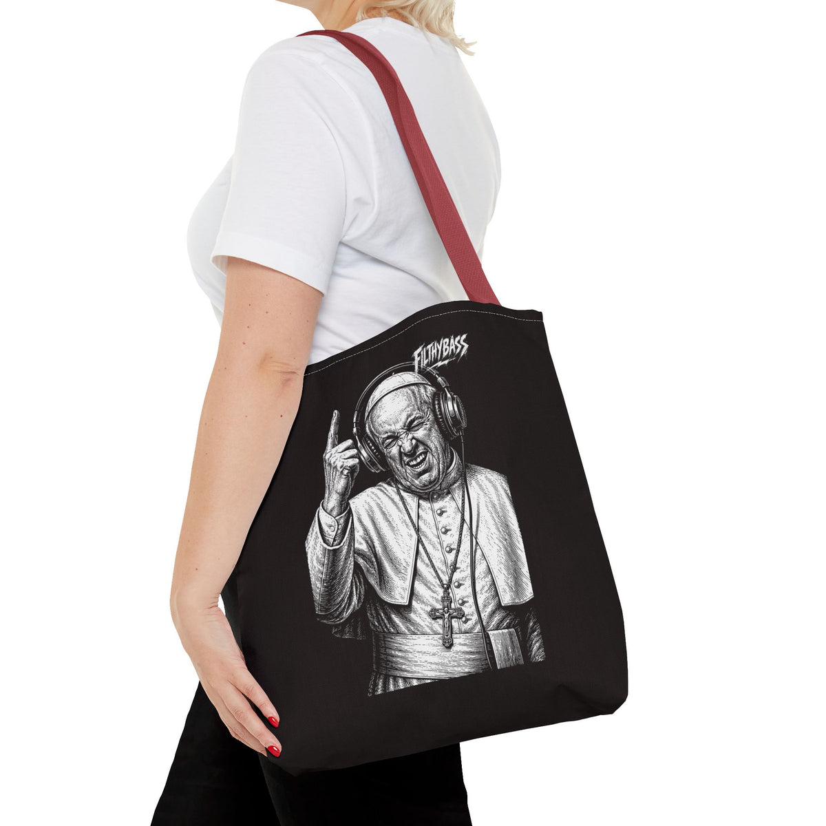 The Pope Blesses the Drop - FILTHYBASS - Tote Bag - Black with Red Handles