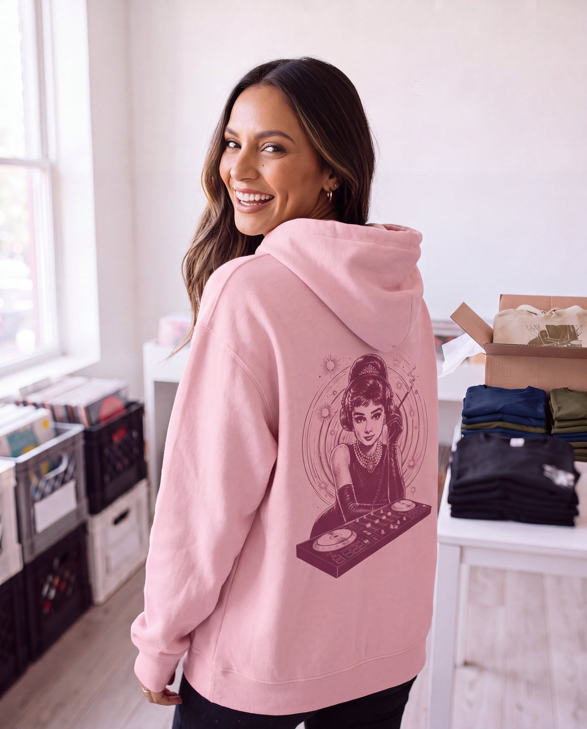 Audrey Hepburn stays unmoved on Bass - FILTHYBASS - Organic Hoodie - Berry Print on Pink — lifestyle