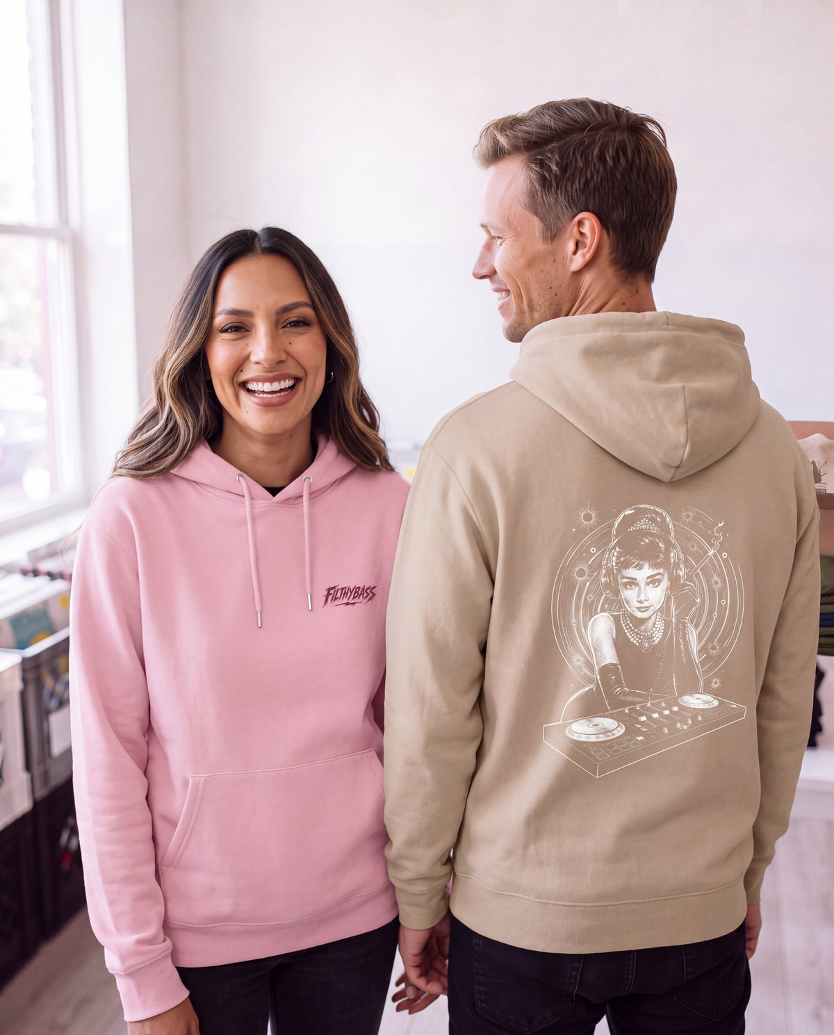 Audrey Hepburn stays unmoved on Bass - FILTHYBASS - Organic Hoodie - Berry Print on Pink — lifestyle