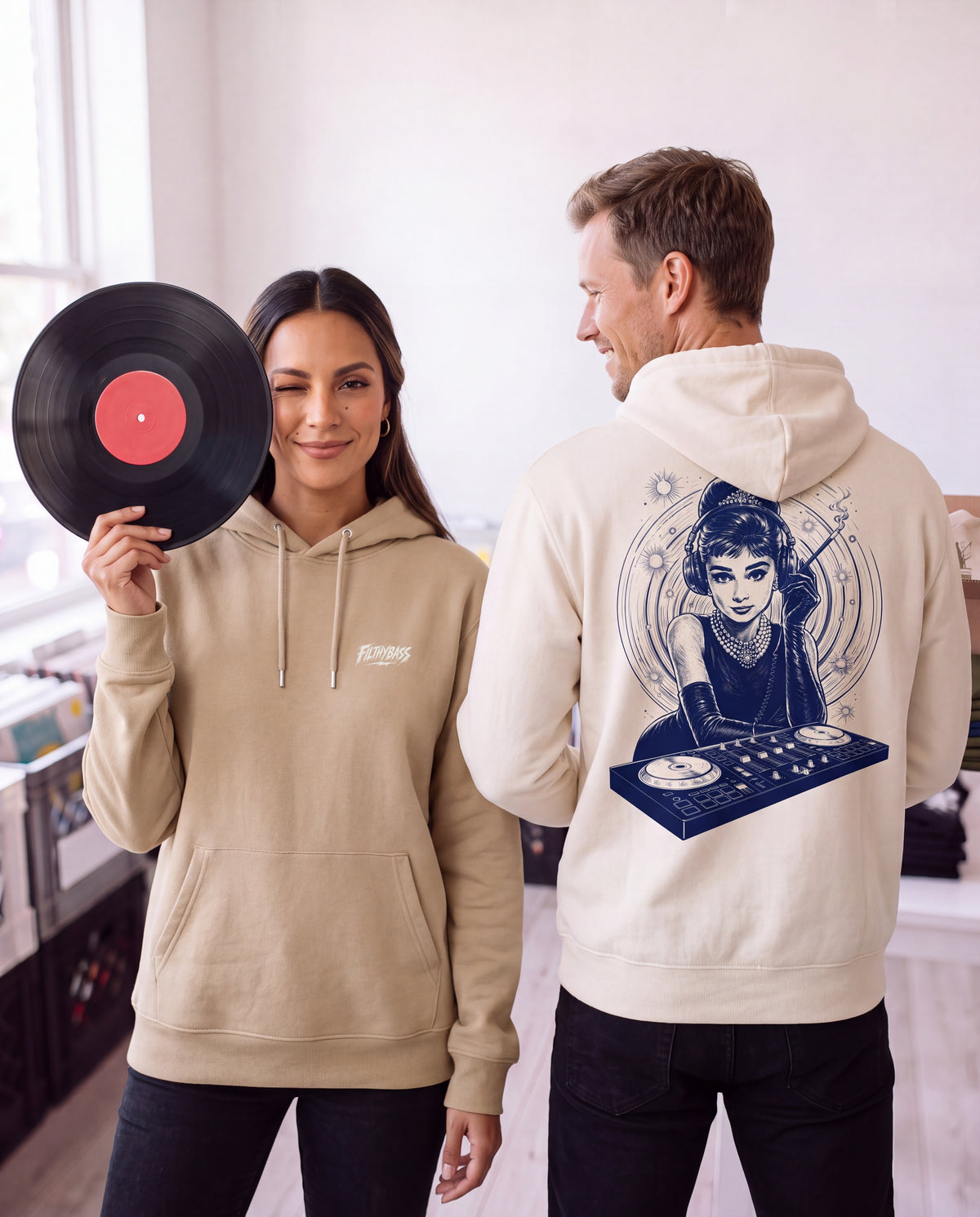 Audrey Hepburn stays unmoved on Bass - FILTHYBASS - Organic Hoodie - White & Earth Print — lifestyle