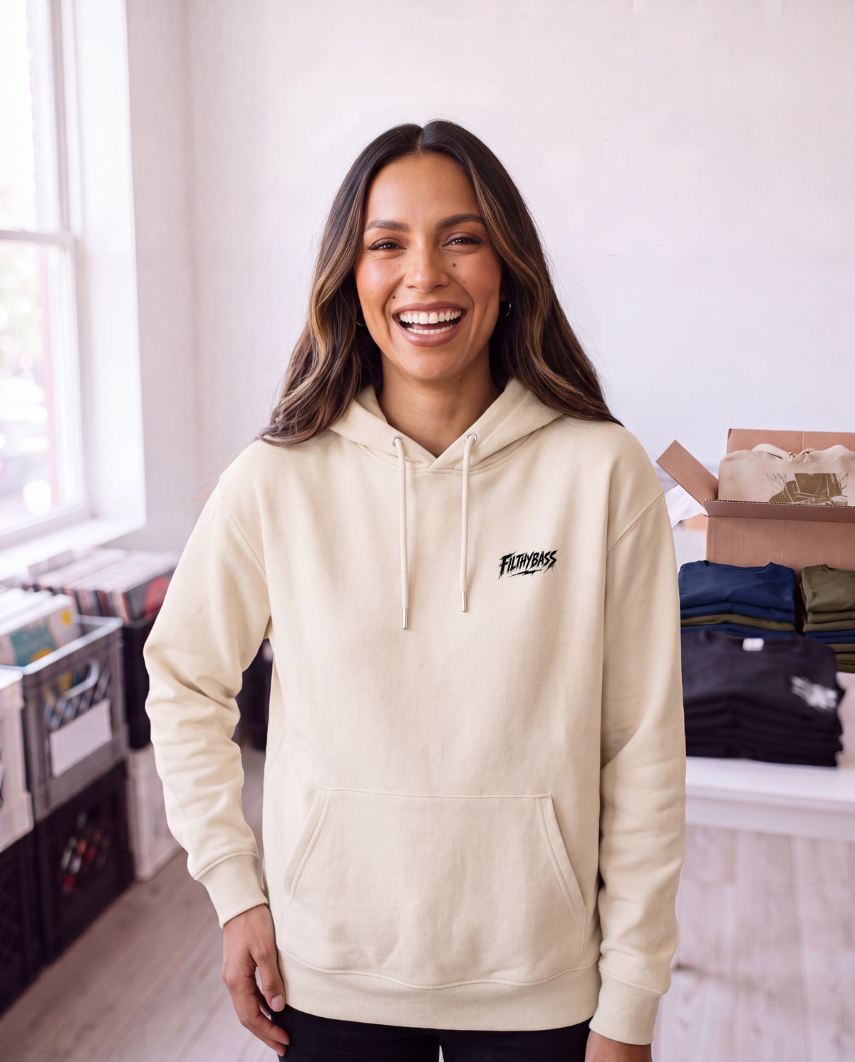 Audrey Hepburn stays unmoved on Bass - FILTHYBASS - Organic Hoodie - Black Print on Natural — lifestyle