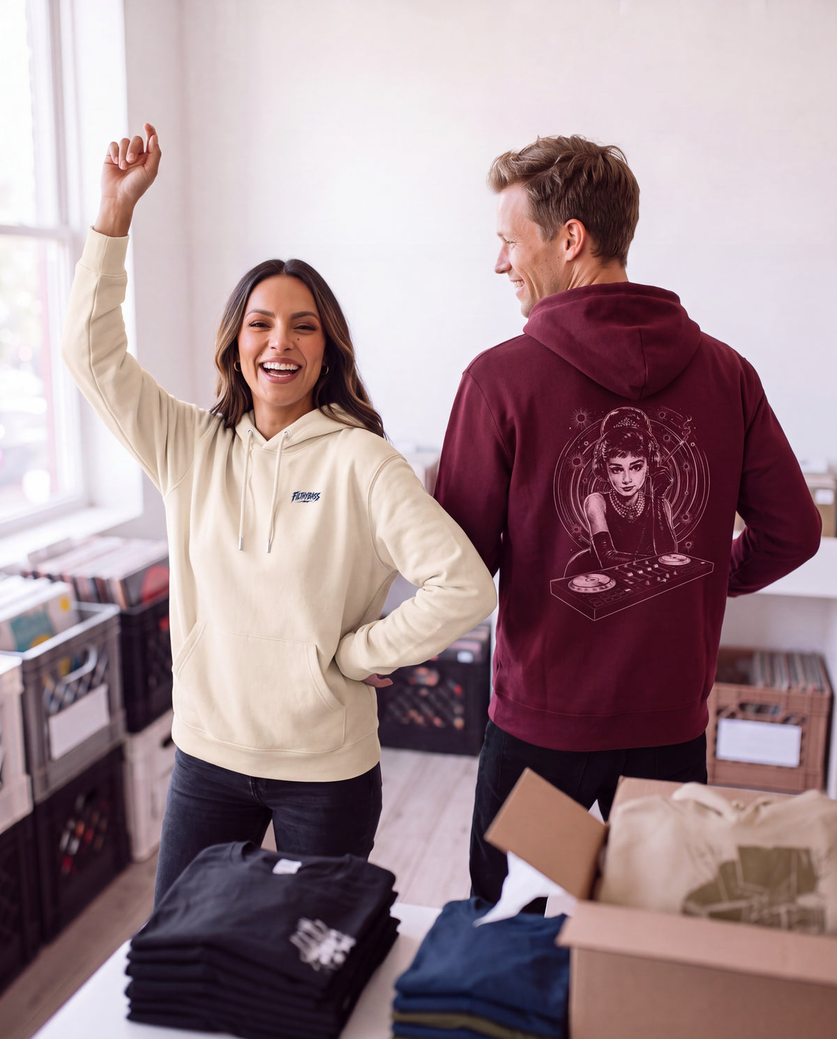 Audrey Hepburn stays unmoved on Bass - FILTHYBASS - Organic Hoodie - Navy Print on Natural — lifestyle