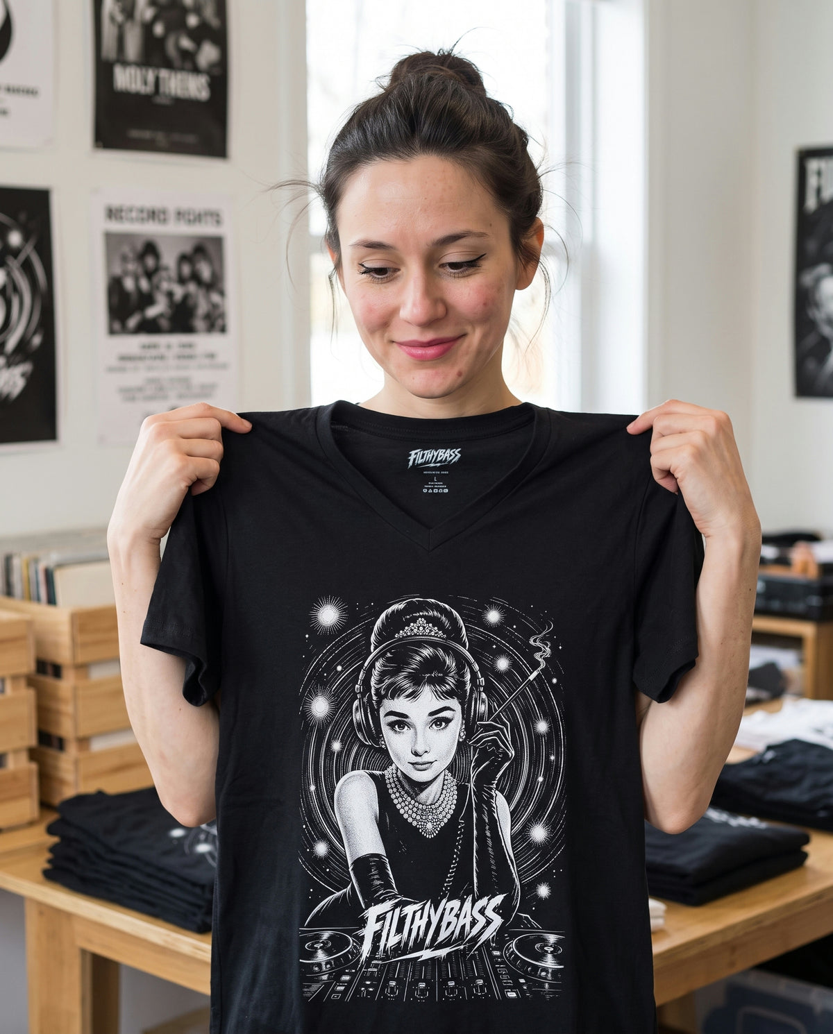 Audrey Hepburn stays unmoved on Bass - FILTHYBASS - V-Neck Shirt