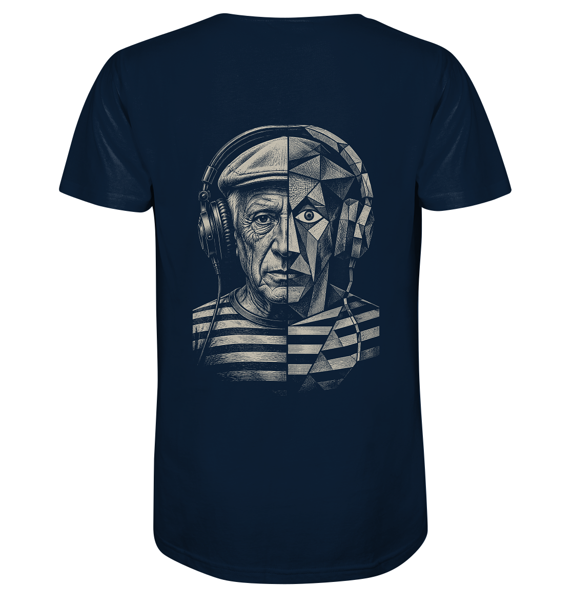 Pablo Picasso Went Half Cubist at the Drop - FILTHYBASS - V-Neck Shirt - Cream Print on Navy