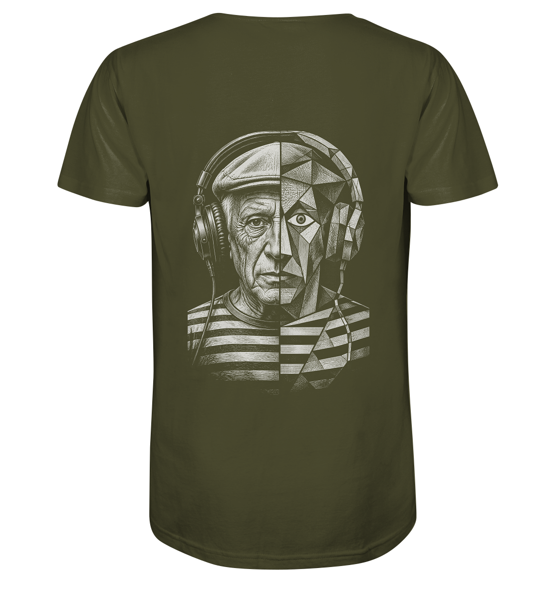 Pablo Picasso ging half kubistisch bij de drop - FILTHYBASS - V-Neck Shirt - Print in wit op kakigroen