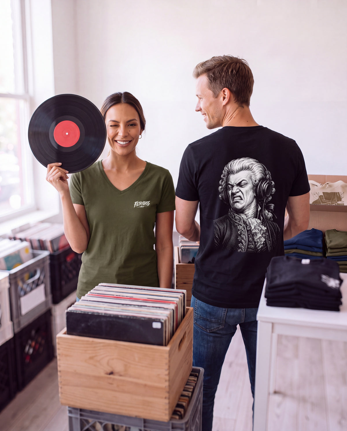 Frame 6: She peeks from behind an LP · Mozart