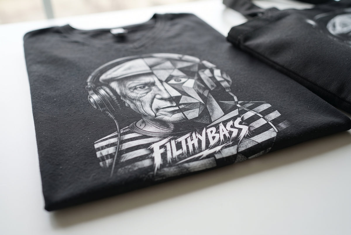 Macro close-up of the white screenprint on a folded black FILTHYBASS t-shirt, showing the ink sitting on the cotton weave