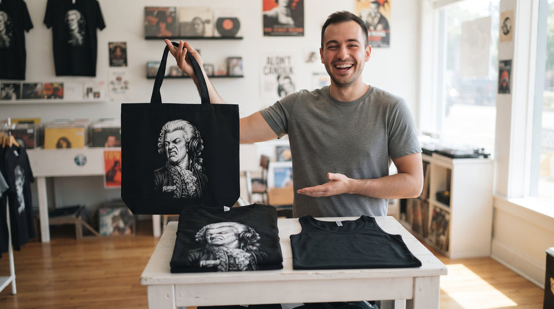 A FILTHYBASS shop owner laughing while holding a tote bag beside a table of folded shirts