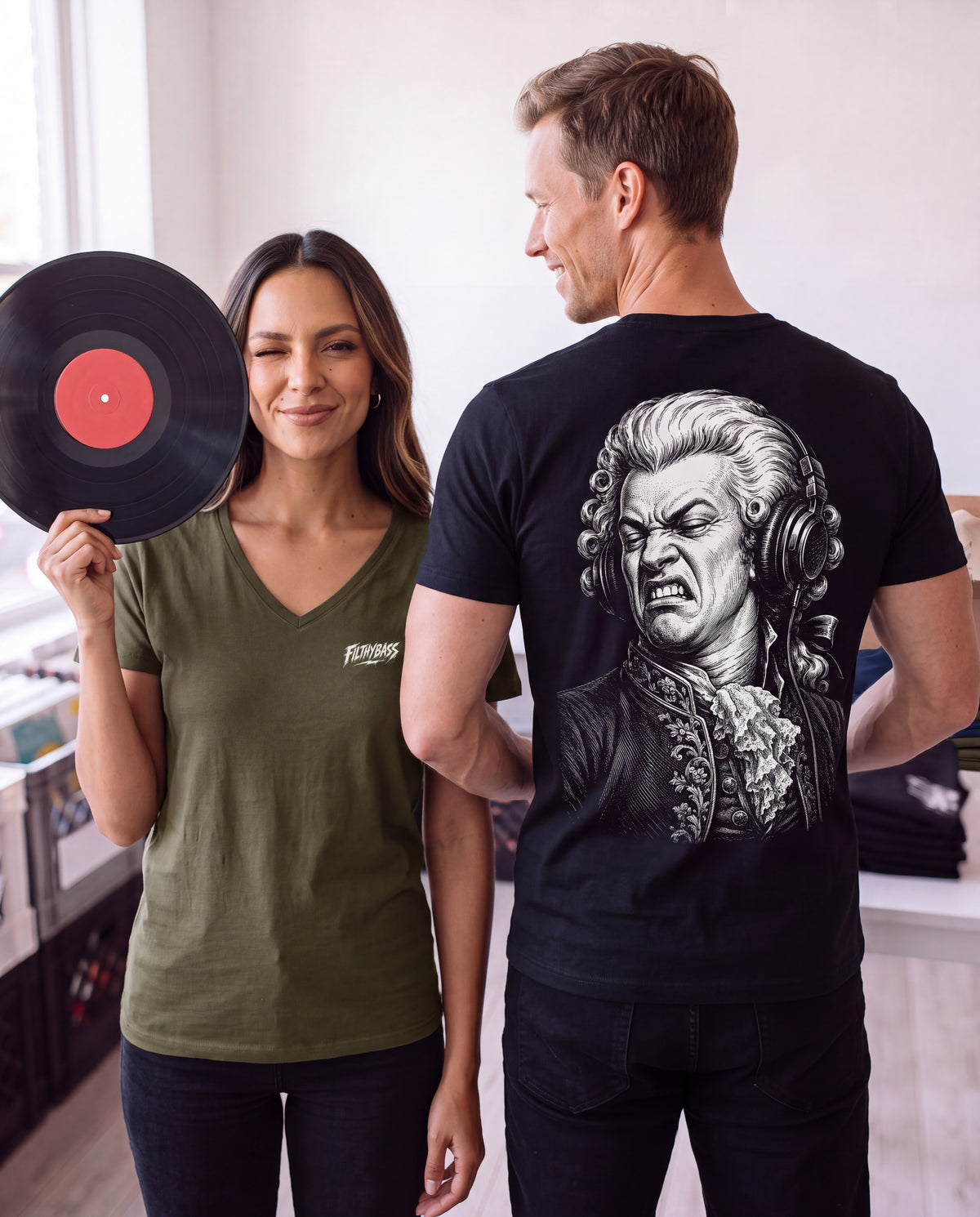 Amadeus Mozart Approves - FILTHYBASS - V-Neck Shirt - White Print on Khaki — lifestyle