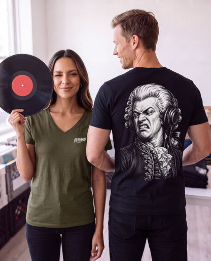 Amadeus Mozart Approves - FILTHYBASS - V-Neck Shirt - White Print on Khaki — lifestyle