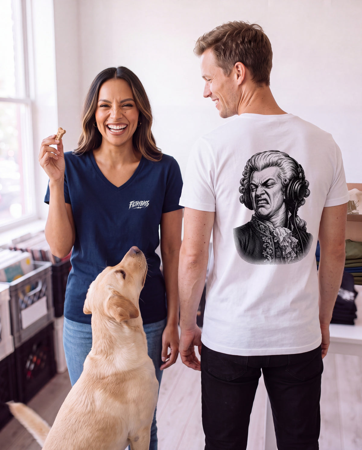 Amadeus Mozart Approves - FILTHYBASS - V-Neck Shirt - White Print on Navy — lifestyle