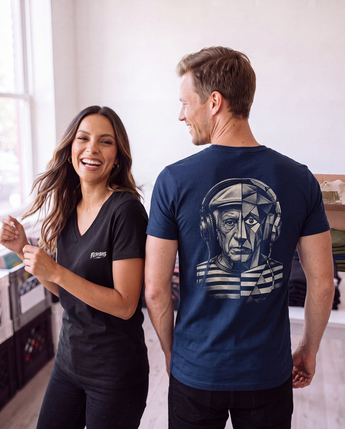 Pablo Picasso Went Half Cubist at the Drop - FILTHYBASS - V-Neck Shirt - Cream Print on Navy — lifestyle