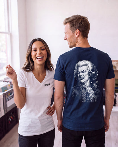 Amadeus Mozart Approves - FILTHYBASS - V-Neck Shirt - White Print on Navy — lifestyle