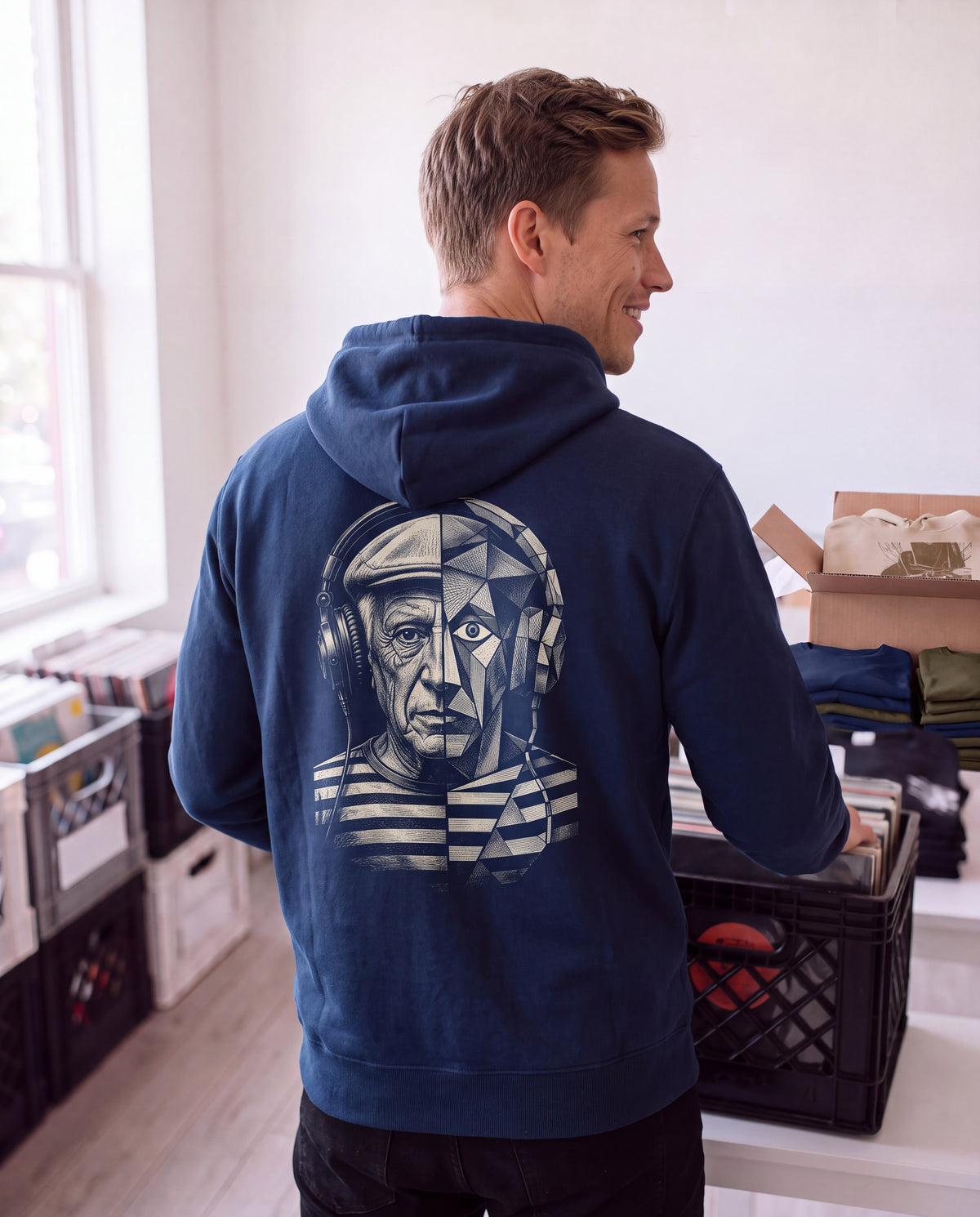 Pablo Picasso Went Half Cubist at the Drop - FILTHYBASS - Organic Hoodie - Cream Print on Navy — lifestyle