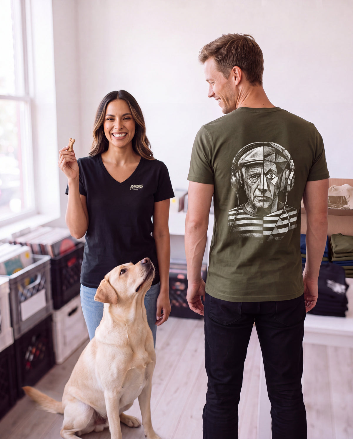 Pablo Picasso Went Half Cubist at the Drop - FILTHYBASS - V-Neck Shirt - White Print on Khaki — lifestyle