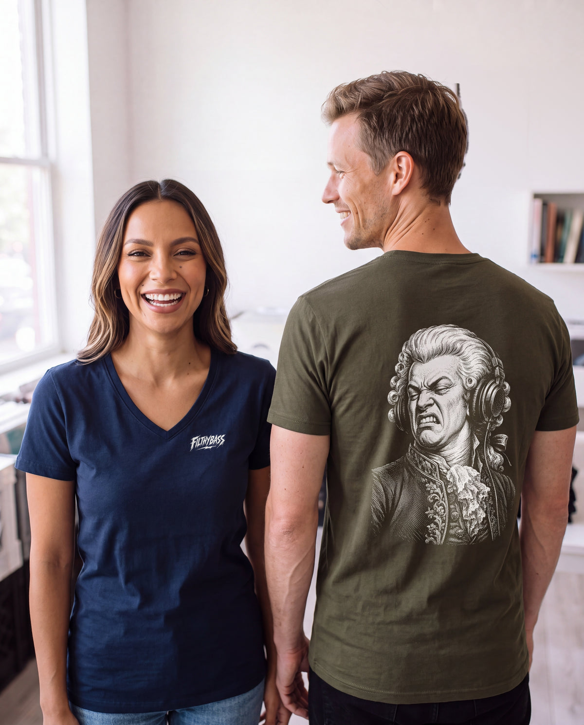 Amadeus Mozart Approves - FILTHYBASS - V-Neck Shirt - White Print on Khaki — lifestyle