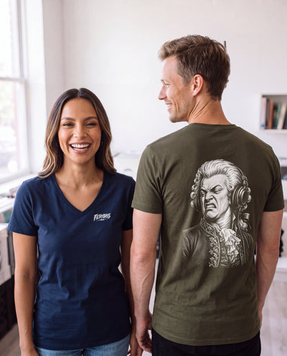 Amadeus Mozart Approves - FILTHYBASS - V-Neck Shirt - White Print on Khaki — lifestyle